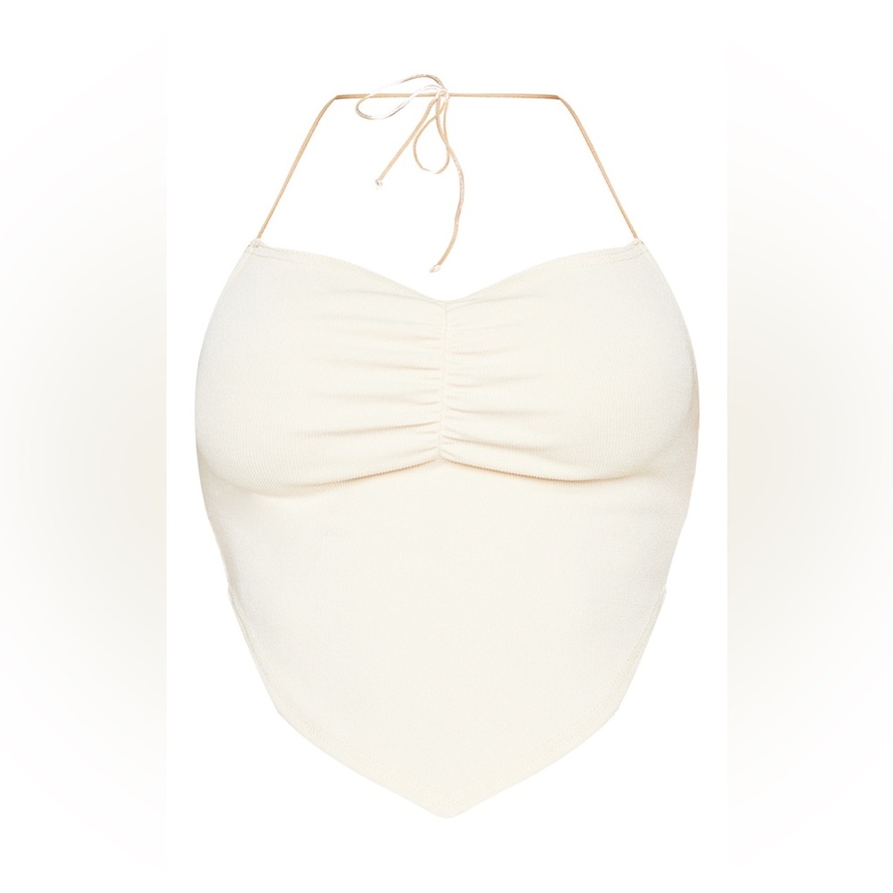 PRETTYLITTLETHING Nude Beige Front Ruched Ribbed Halter-neck Cropped Top Shirt S - Picture 5 of 16